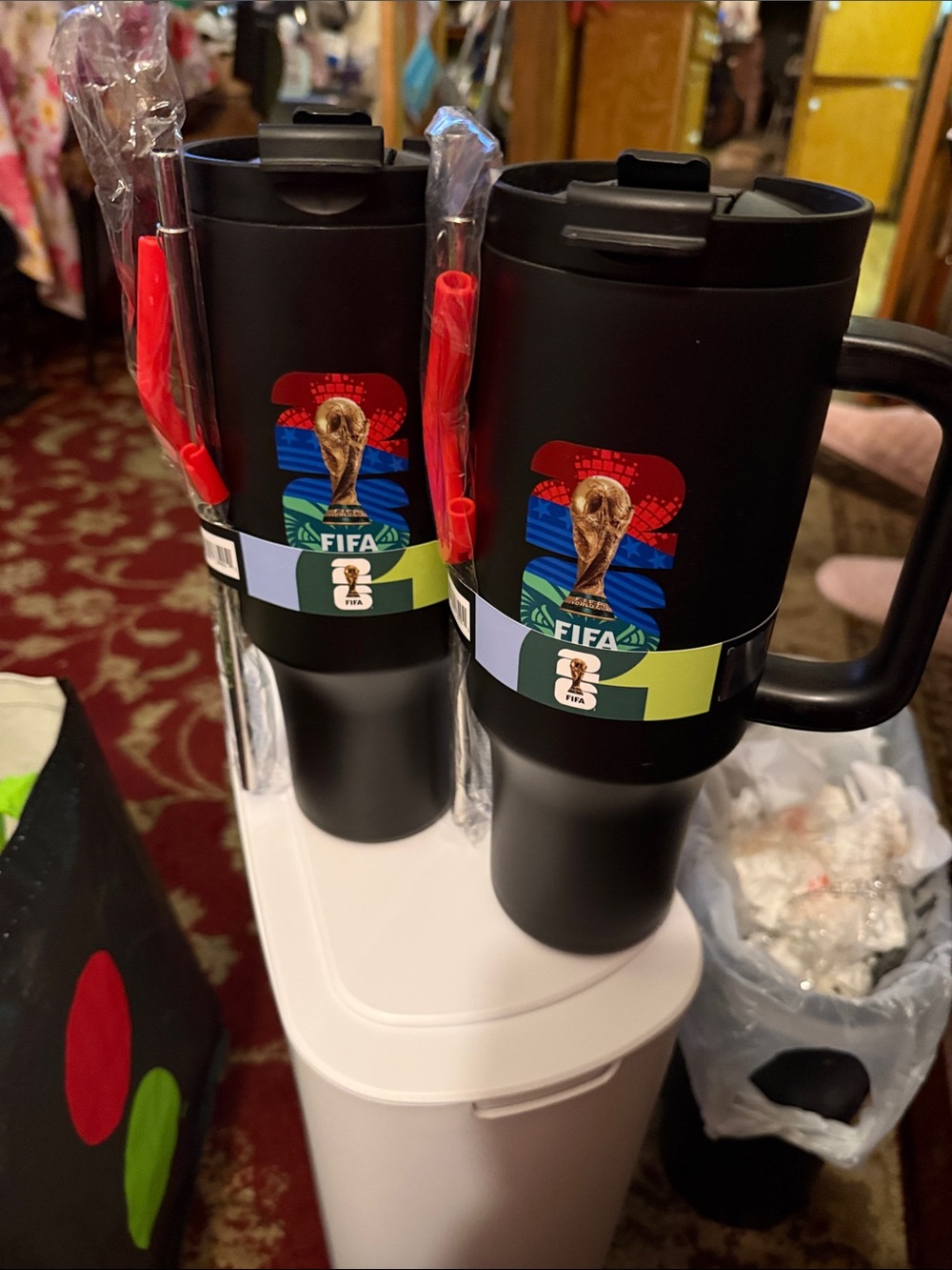 (2) Black FIFA World Cup Travel Mug with Red Straw